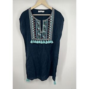 Seafolly Australia Blue Linen Embroidered Tassel Kaftan Cover Up Size Medium